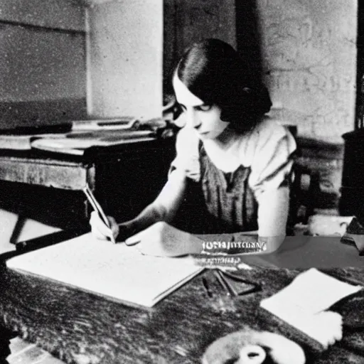 Prompt: Photograph of Anne frank writing in her diary in the attic