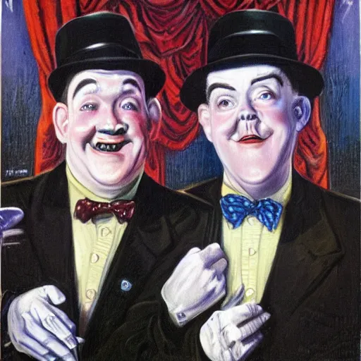 Prompt: A portrait of Stan Laurel and Laurel Hardy in hats by Frank Kelly Freas