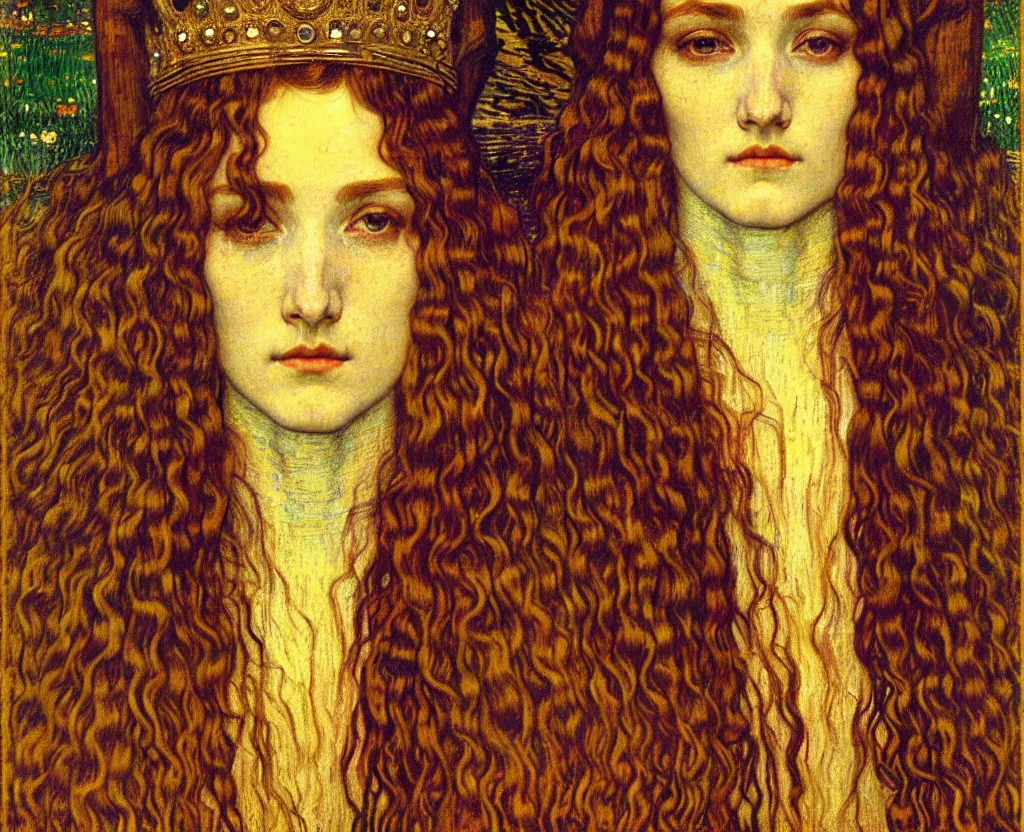 Prompt: detailed realistic beautiful young medieval queen face portrait by jean delville, gustav klimt and vincent van gogh, art nouveau, symbolist, visionary, gothic, pre - raphaelite, muted earthy colors, desaturated