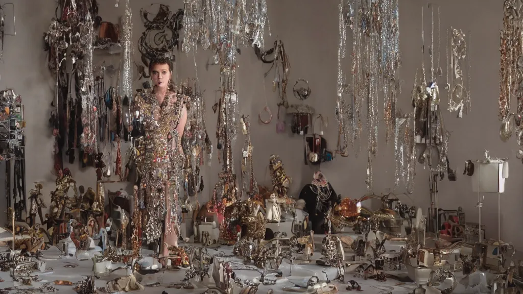 Image similar to a woman made of jewelry stands in the living room, film still from the movie directed by Denis Villeneuve with art direction by Salvador Dalí, wide lens, 4K, realistic