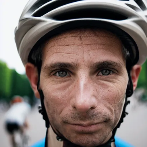 Image similar to closeup portrait of a cyclist in paris, by Steve McCurry and David Lazar, natural light, detailed face, CANON Eos C300, ƒ1.8, 35mm, 8K, medium-format print