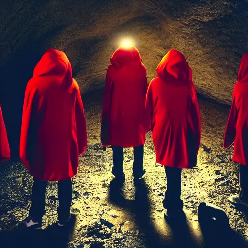 Prompt: A group of red hooded cultist in a cave, being back lit by a lantern. Dark, ambient, eldritch, 8k, hyper realistic.