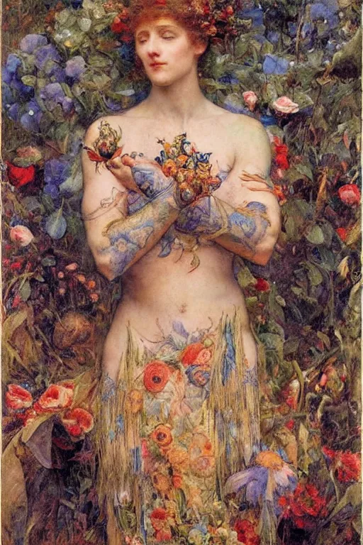 Image similar to coronation of the flower prince, by Annie Swynnerton and Gaston Bussière, embroidered brocade, tattoos, elaborate costume, geometric ornament, symbolist, rich colors, dramatic lighting, smooth, sharp focus, extremely detailed