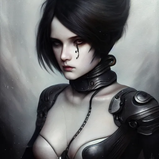 Image similar to By Tom Bagshaw, ultra realist soft painting of an attractive cyberpunk anime female fully body armored with thin lustrous long hair floating, photorealistic eyes render looking at camera, curiosities carnival, symmetry accurate features, very intricate details, focus, dark fantasy background black and white