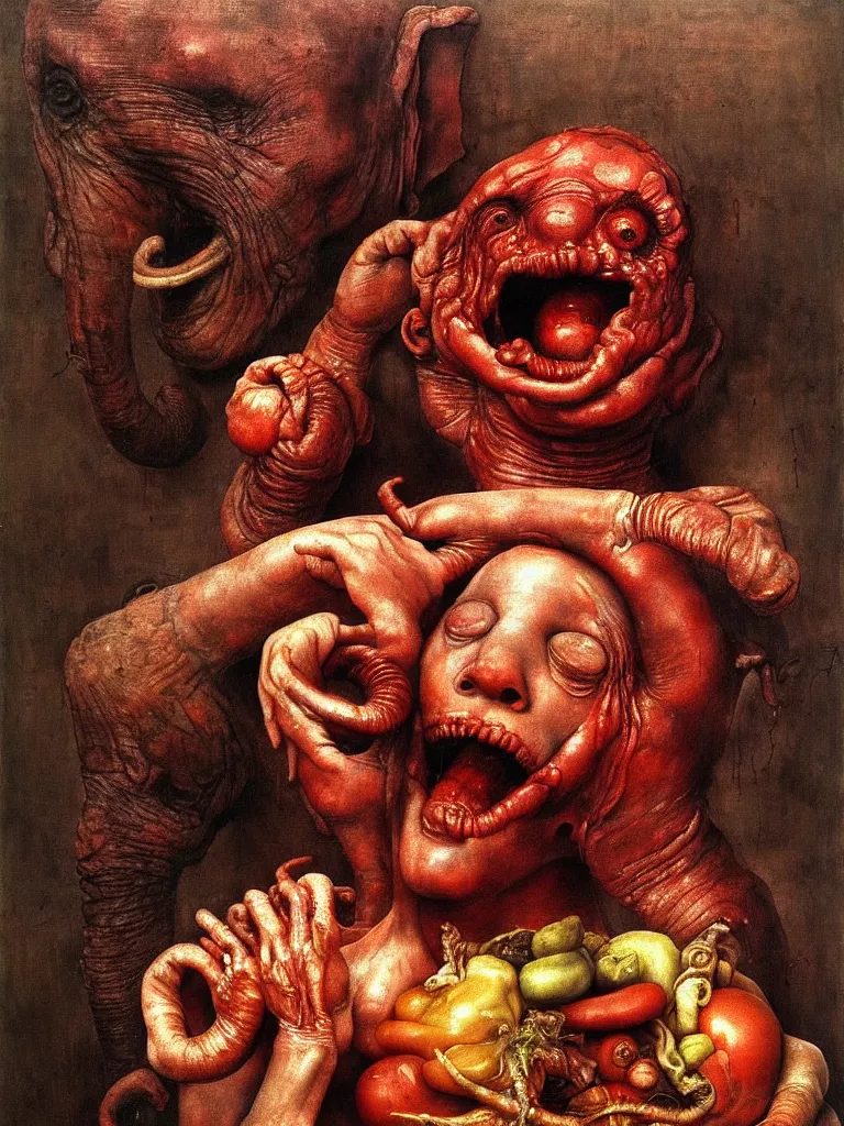 Image similar to a boy like eraserhead and elephant man sitting in a tub full of tomato sauce, looking straight into camera, screaming in desperation, by giuseppe arcimboldo and ambrosius benson, renaissance, fruit, intricate and intense oil paint, a touch of beksinski and hr giger and edward munch, realistic, rules of composition, headspace