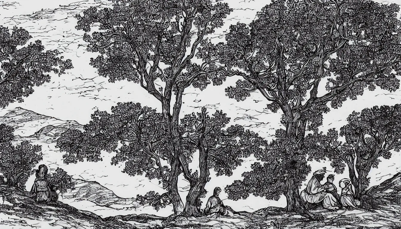 Prompt: a couple sits together on a large hill while wind blows the trees, pen and ink, 1 5 0 0 s, 8 k resolution