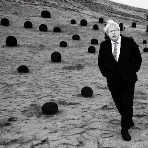 Image similar to Boris Johnson in a desolate wasteland surrounded by horryfying shadow monsters, black and white photo