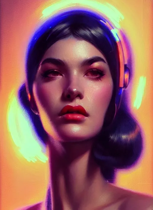 Image similar to photorealistic portrait of female humanoid, highly intricate, retro 6 0 s fashion, elegant, highly detailed, crispy quality and cyber neon light reflections, trending in artstation, trending in pinterest, glamor pose, concept art, sharp focus, art by artgerm and greg rutkowski