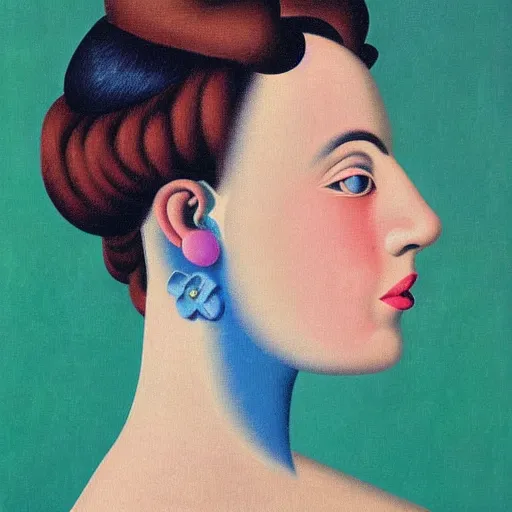 Image similar to a portrait of a woman by rene magritte and lisa frank