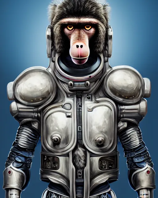 Image similar to a portrait of a muscular anthropomorphic cyberpunk baboon in spacesuit armor with ensignia on chest plate by sandra chevrier, by jon foster, detailed render, pistol in holster, extremely hyperdetailed, tape deck, epic composition, cybernetics, 4 k realistic, cryengine, realistic shaded lighting, sharp focus, masterpiece, by enki bilal