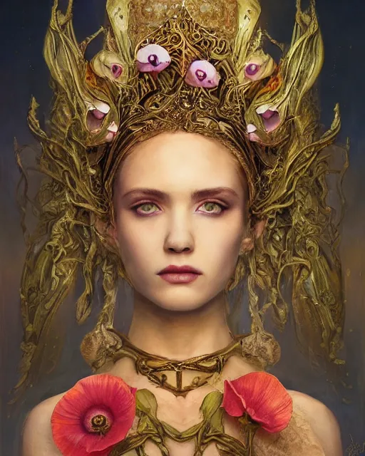 Prompt: portrait of the strangly beautiful young goddess of poppy, surreal, fantasy, intricate, elegant, dramatic lighting, emotionally evoking symbolic metaphor, highly detailed, lifelike, photorealistic, digital painting, painterly, artstation, concept art, smooth, head in focus, sharp focus, illustration, art by John Collier and Krenz Cushart and Artem Demura and Alphonse Mucha and Albert Aublet,