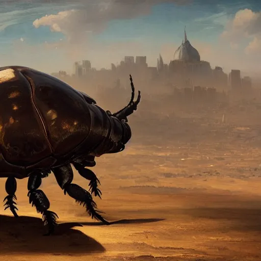 Image similar to giant rhinoceros beetle carrying a merchant's city on its back walking through a desert, panorama, oil painting, by greg rutkowski