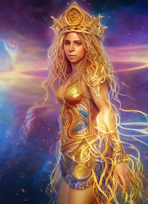 Prompt: cosmic portrait of shakira as queen of the universe, hyper detailed, digital art, cinematic lighting, studio quality, smooth render, unreal engine 5, octane rendered, art style by klimt and nixeu and ian sprigger and wlop and krenz cushart.