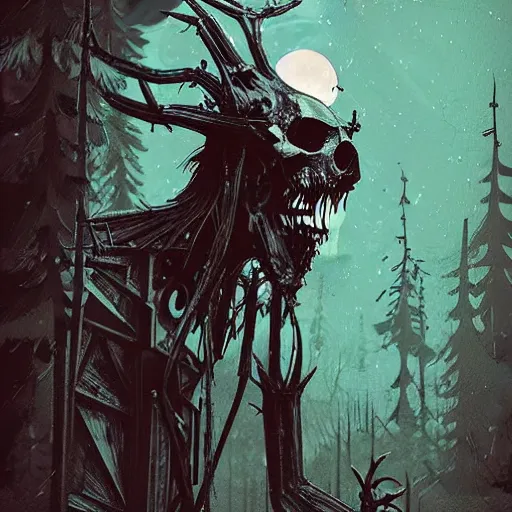 Image similar to a wendigo, by ismail inceoglu, eerie monster, skull head, gaunt and monstrous, evil, illuminated by the moonlight