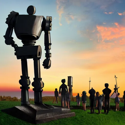 Prompt: memorial statue for the iron giant surrounded by people at sun set, 4 k, realism, metal iron giant statue