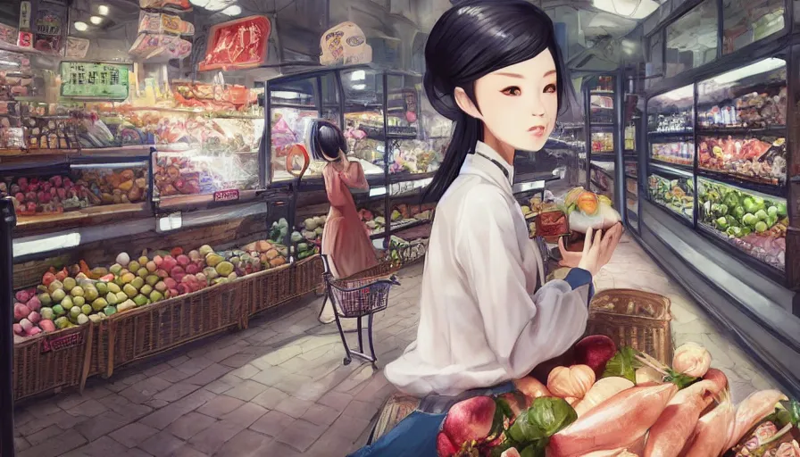 Image similar to photography of a woman grocer with frock, looks like ziyi zhang ， ponytail, grocery store around, winter, anime style character, clean soft lighting, backlit beautiful face, clean brush stroke, 8 k character concept art, by wolp and artgerm ， 3 d