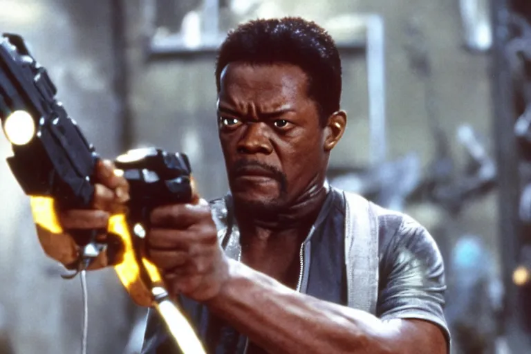 Image similar to Samuel L. Jackson plays Terminator and kills pikachu, action scene from the film