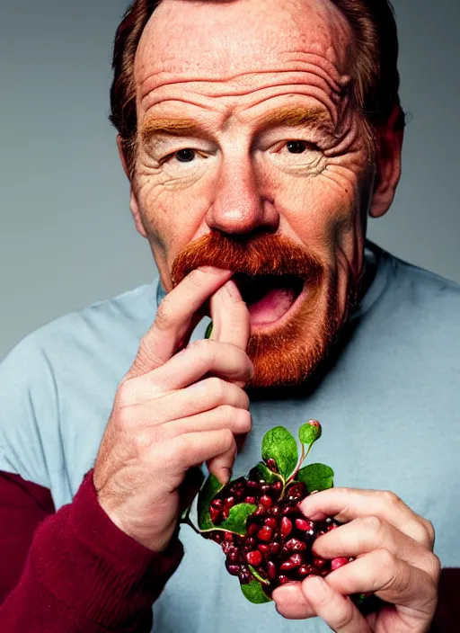 Image similar to portrait of bryan cranston at a cranberry eating contest, bulging cheeks eating cranberries, open mouth, hamster cheeks, studio light, bloom, detailed face, magazine, press, photo, steve mccurry, david lazar, canon, nikon, focus