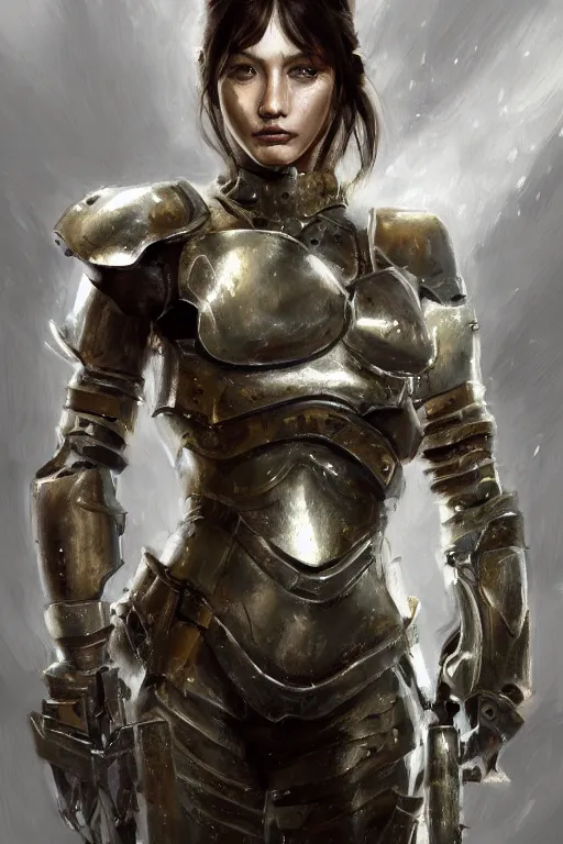 Image similar to a photorealistic painting of an attractive young girl, partially clothed in metal-plated battle armor, olive skin, long dark hair, beautiful bone structure, symmetrical face, perfect eyes, intricate, elegant, digital painting, concept art, illustration, sharp focus, minimal artifacts, from Metal Gear, in the style of Ruan Jia and Mandy Jurgens, by Greg Rutkowski, trending on Artstation, award winning