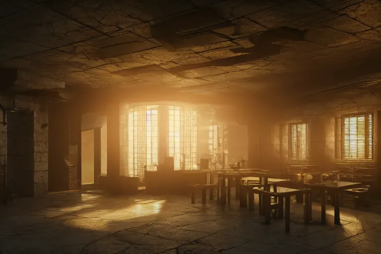 Image similar to ultra mega super hyper realistic Digital concept interior design of cyberpunk tavern with stone walls and neon lights. Natural white sunlight from the transperient roof. Rendered in VRAY and DaVinci Resolve and MAXWELL and LUMION 3D, Volumetric natural light