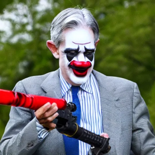 Image similar to photo of Jerome Powell with whiteface clown makeup using a flamethrower, highly-detailed