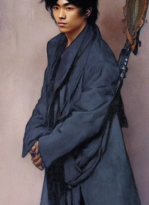 Image similar to a young asian man with tanned skin and shoulder length tousled black hair. he has an intense expression, is wearing a long blue coat and holding a spear. portrait painting by artgerm and greg rutkowski and alphonse mucha