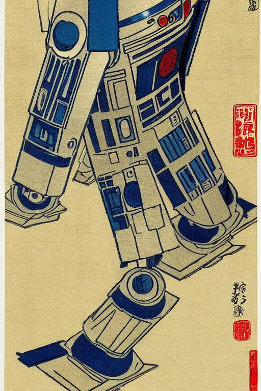 Prompt: Japanese woodblock print of r2d2, hokusai