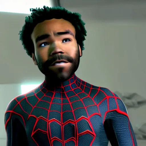 Prompt: Donald Glover as Miles Morales in black Spider-Man suit unmasked, mask off, still from Spider-Man No Way Home, detailed, 4k