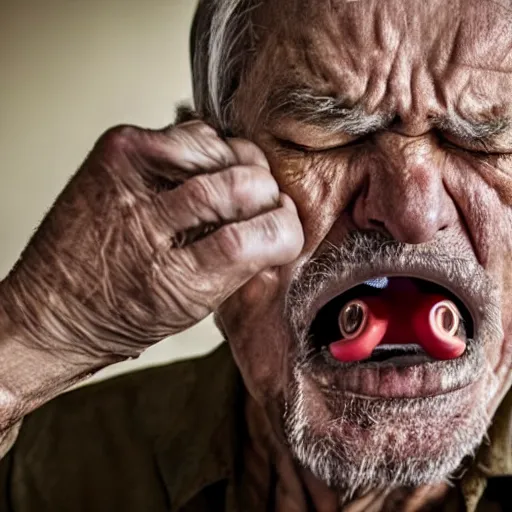 Image similar to national geographic photo of angry old man vomiting audio cables out his mouth