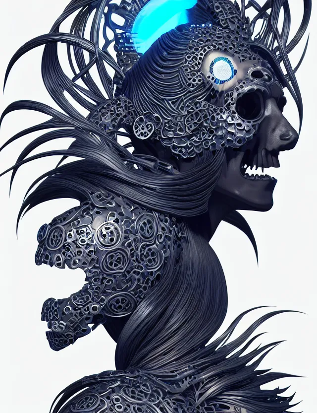 Image similar to 3 d goddess close - up profile simple portrait cybernetic with skull. beautiful intricately detailed japanese crow kitsune mask and clasical japanese kimono. betta fish, jellyfish phoenix, bio luminescent, plasma, ice, water, wind, creature, artwork by tooth wu and wlop and beeple and greg rutkowski