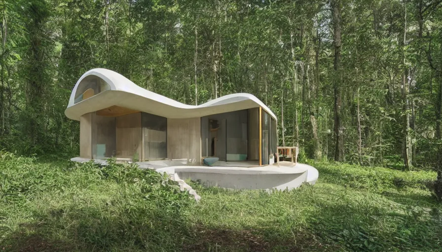 Image similar to A wide image of an eco-community of innovative contemporary 3D printed prefab sea ranch style cabin with rounded corners and angles, beveled edges, made of cement and concrete, organic architecture, in a lush green forest Designed by Gucci, Balenciaga, and Wes Anderson, golden hour