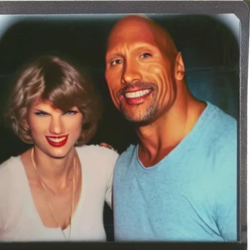 Image similar to found polaroid of my parents who look exactly like Taylor Swift and Dwayne Johnson