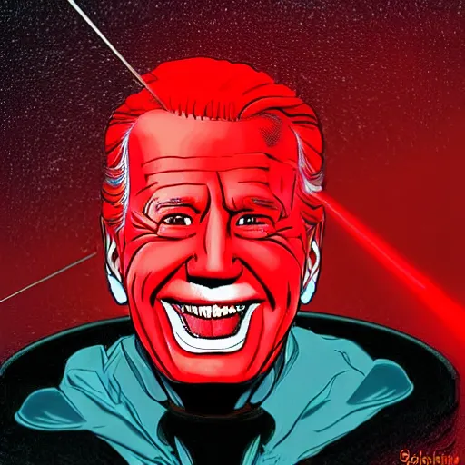 Prompt: joe biden with glowing red laser eyes. wrathful supervillain. laughter. science fantasy art.