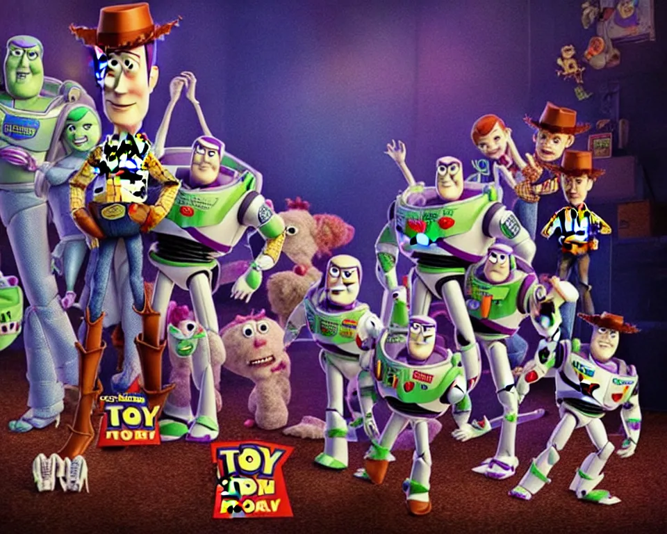 Image similar to a horror movie poster featuring toy story characters