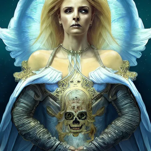 Image similar to A beautiful digital painting of a strong woman archangel with blond hair, in a regal armor, princess, a ghostly skull behind her, D&D, fantasy, intricate, cinematic lighting, highly detailed, digital painting, Artstation, concept art, smooth, sharp focus, illustration, art by Artgerm and Greg Rutkowski, Alphonse Mucha and charlie bowater