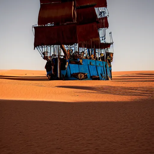 Image similar to pirate ship in the middle of the sahara desert, canon eos r 3, iso 2 0 0, 1 / 1 6 0 s, 8 k, raw, unedited, symmetrical balance, wide angle