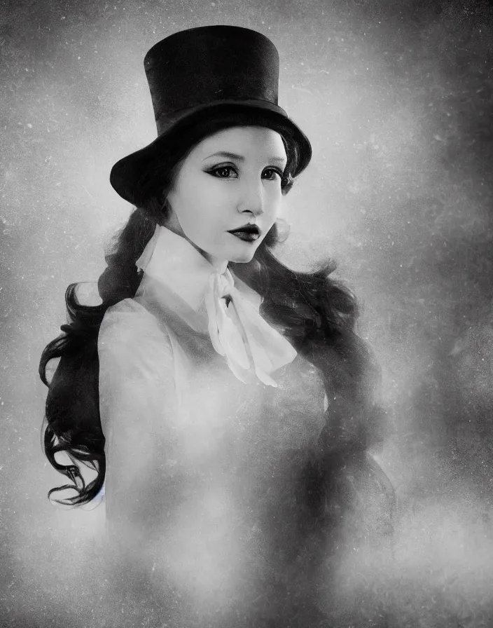 Image similar to Close up portrait of an elegant long haired lady wearing a gentleman suit and tophat in anime style, highly detailed, matte painting, noir, 70s, americana, photorealistic, ethereal ghostly atmosphere