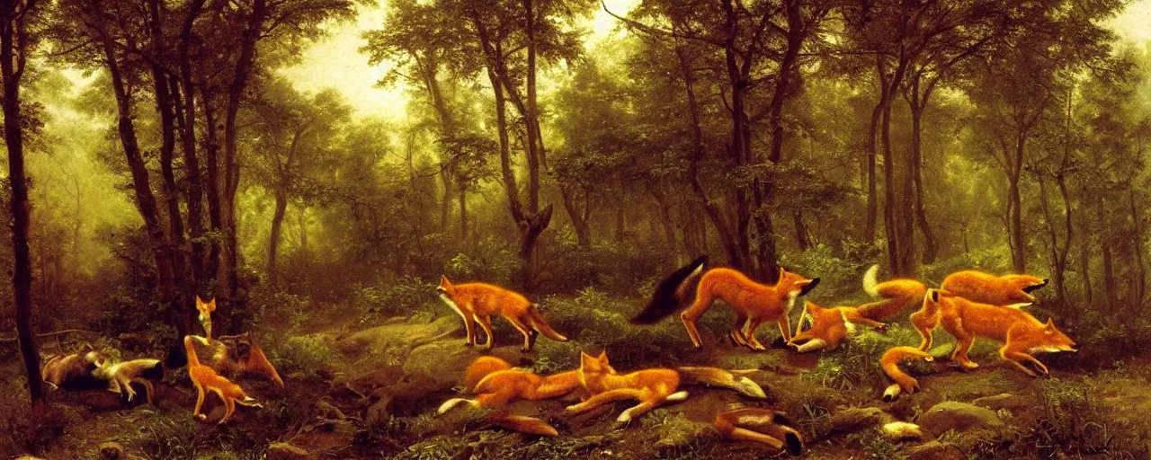 Image similar to foxes in the forest, by albert bierstadt