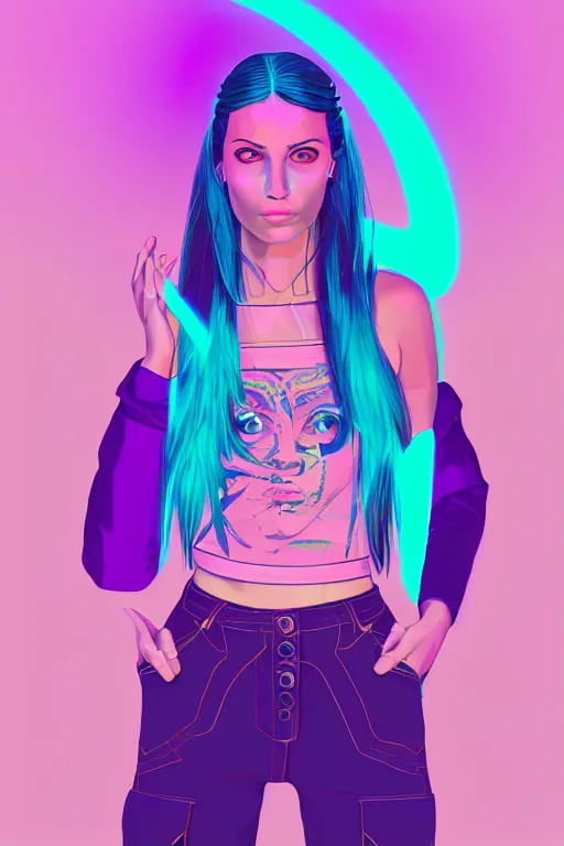 Image similar to a award winning half body portrait of a beautiful woman with stunning eyes in a croptop and cargo pants with ombre purple pink teal hairstyle and hands in pockets by thomas danthony, surrounded by whirling illuminated lines, outrun, vaporware, shaded flat illustration, digital art, trending on artstation, highly detailed, fine detail, intricate