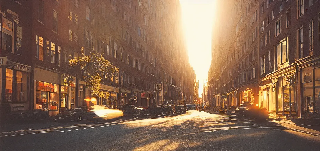 Prompt: “ golden hour light spills over a historic boston street, analog photography, mamiya 7 4 3, portra 8 0 0, volumetric lighting, atmospheric, sharp focus ”