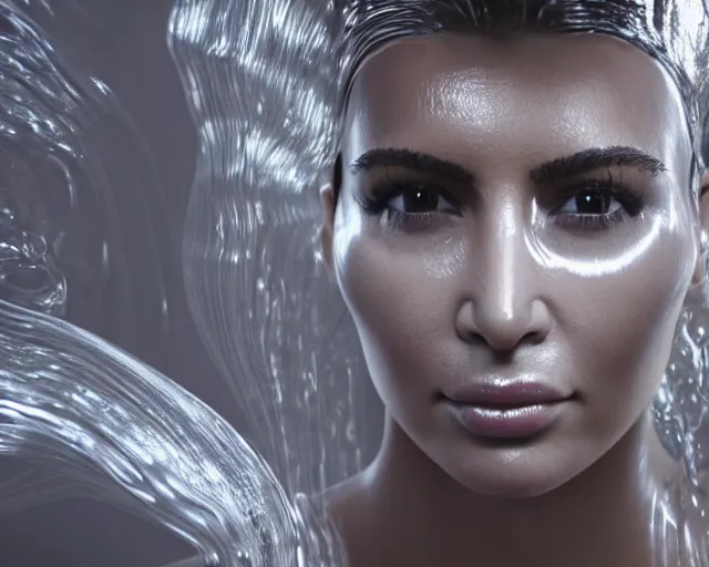 Prompt: epic full - body - shot still of kim kardashian unconscious in a transparent alien liquid, wet flowing hair, gooey skin, illustration, unreal engine 5, 8 k, made by h. r. giger.