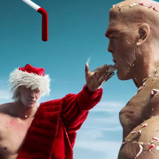 Prompt: a male humanoid giant has skin that looks like red and white hard candy, the giant is wearing a peppermint armor and his back has wings made of mint leaves, the giant has a christmas present in his hand, cinematic dune movie still