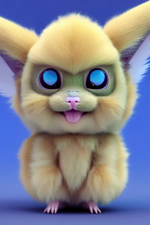 Prompt: high quality 3 d render hyperrealist very cute multipastel fluffy! one - eye cat tarsier hybrid with detailed fluffy wings!!, vray smooth, in the style of detective pikachu, hannah yata charlie immer, dramatic blue light, low angle, uhd 8 k, sharp focus