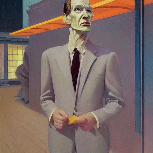 Prompt: Portrait of a man wearing a business suit with Metamorphosis head, very coherent, painted by Edward Hopper, Wayne Barlowe, painted by James Gilleard, airbrush, art by JamesJean