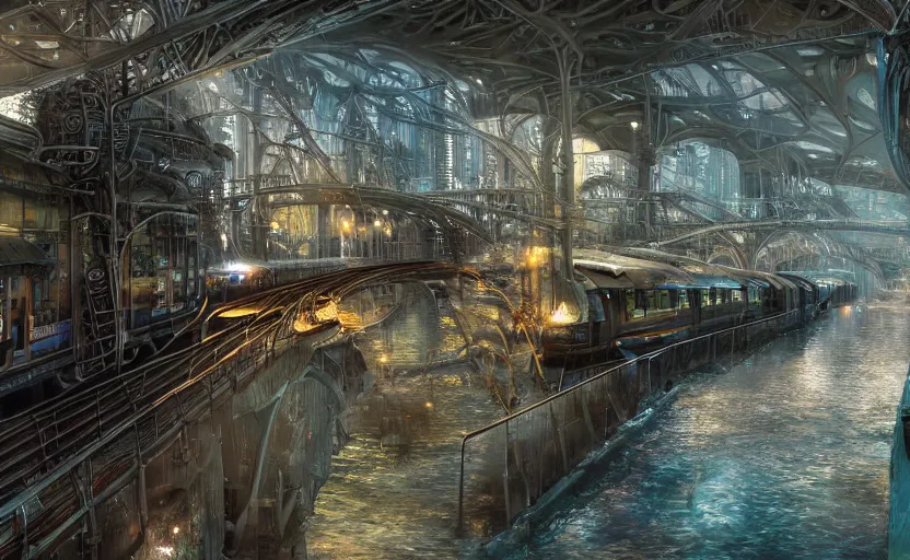 Image similar to An urban train rides inside of a waterway on a fantasy city, hyperrealistic mixed media, stunning 3d render inspired art by P. Craig Russell and Barry Windsor-Smith + perfect facial symmetry + dim volumetric lighting, 8k octane beautifully detailed render, post-processing, extremely hyperdetailed, intricate futuristic mechanic parts, epic composition, grim yet sparkling atmosphere, cinematic lighting + masterpiece, trending on artstation