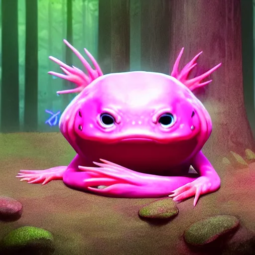 Prompt: neon pink axolotl with cute round face sitting a bucket in the forest, award winning art, trending on artstation, digital art, painting, matte painting, hyper realistic, realism, photography, unreal engine 5, video game