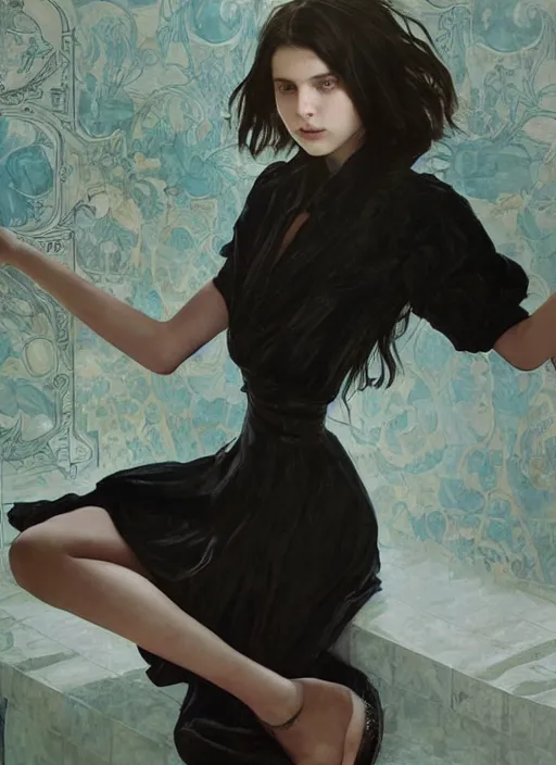 Prompt: a 1 4 year old girl eveline from resident evil 7 with straight long black hair wearing black dress that sitting on bathroom floor, photo for vogue, model エリサヘス s from acquamodels, art by artgem, greg rutkowski and alphonse mucha, render in re engine