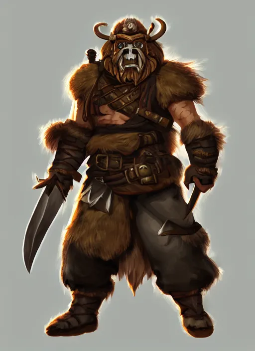 Image similar to strong young man, bugbear ranger, black beard, dungeons and dragons, pathfinder, roleplaying game art, hunters gear, flaming sword, jeweled ornate leather armour, concept art, character design on white background, by studio ghibli, makoto shinkai, kim jung giu, poster art, game art