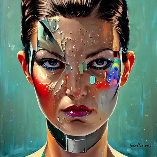 Image similar to portrait of a female android painted by Normand Rockwell and Sandra Chevrier