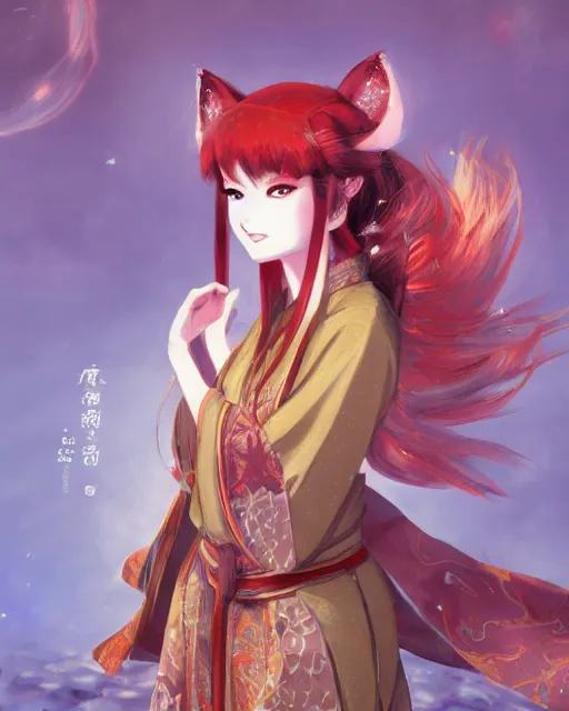 Image similar to An anime portrait of Ssunbiki as a beautiful kitsune woman wearing a kimono from Skyrim, by Stanley Artgerm Lau, WLOP, Rossdraws, James Jean, Andrei Riabovitchev, Marc Simonetti, and Sakimichan, trending on artstation